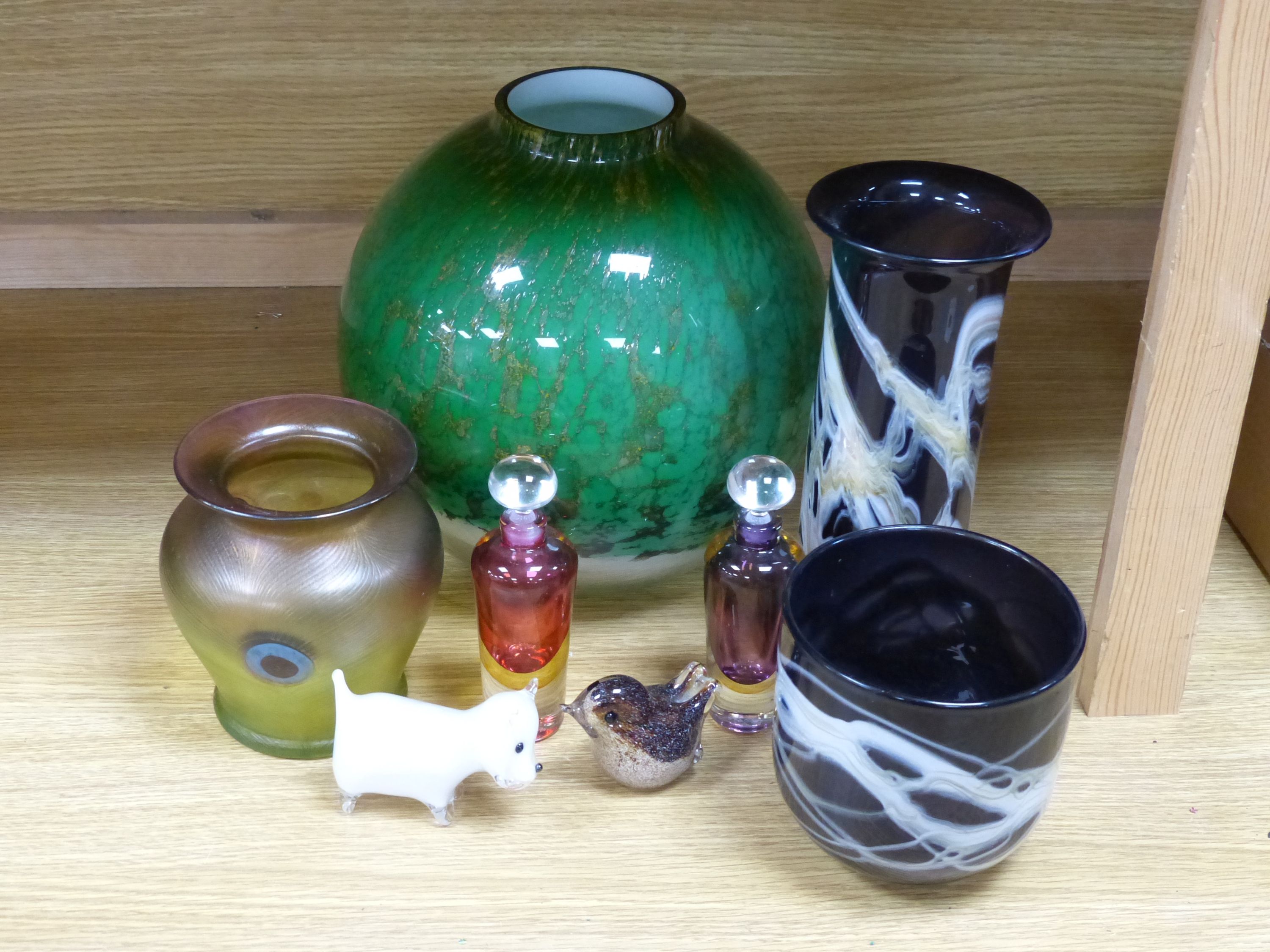 Two Adrian Sankey glass vases and a collection of studio glass, tallest 24cm